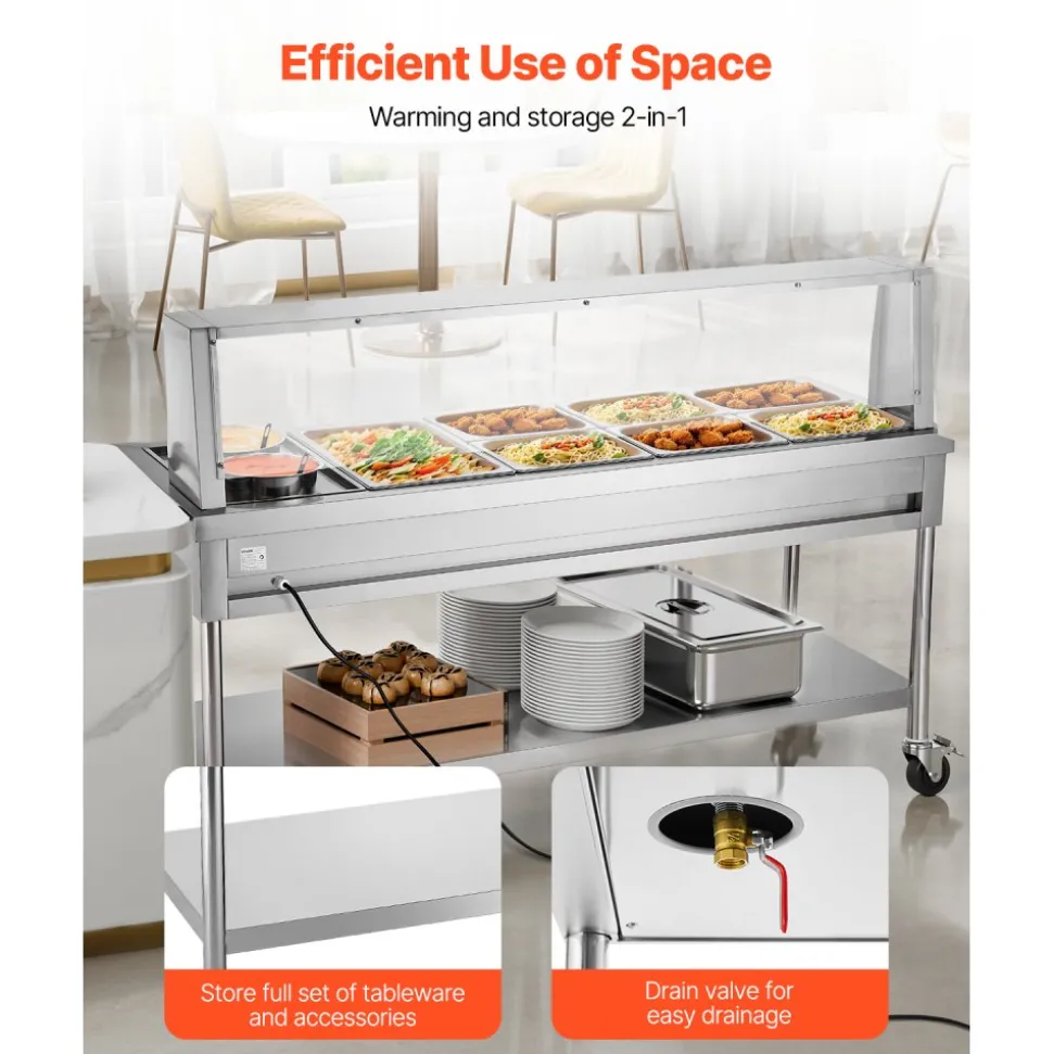 VEVOR Commercial Electric Food Warmer, 7 Pans + 2 Pots Steam Table, 1800W Professional Buffet Catering Food Warmer with Shield Undershelf Wheels, Stainless Steel Server for Party Restaurant