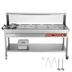 VEVOR Commercial Electric Food Warmer, 7 Pans + 2 Pots Steam Table, 1800W Professional Buffet Catering Food Warmer with Shield Undershelf Wheels, Stainless Steel Server for Party Restaurant