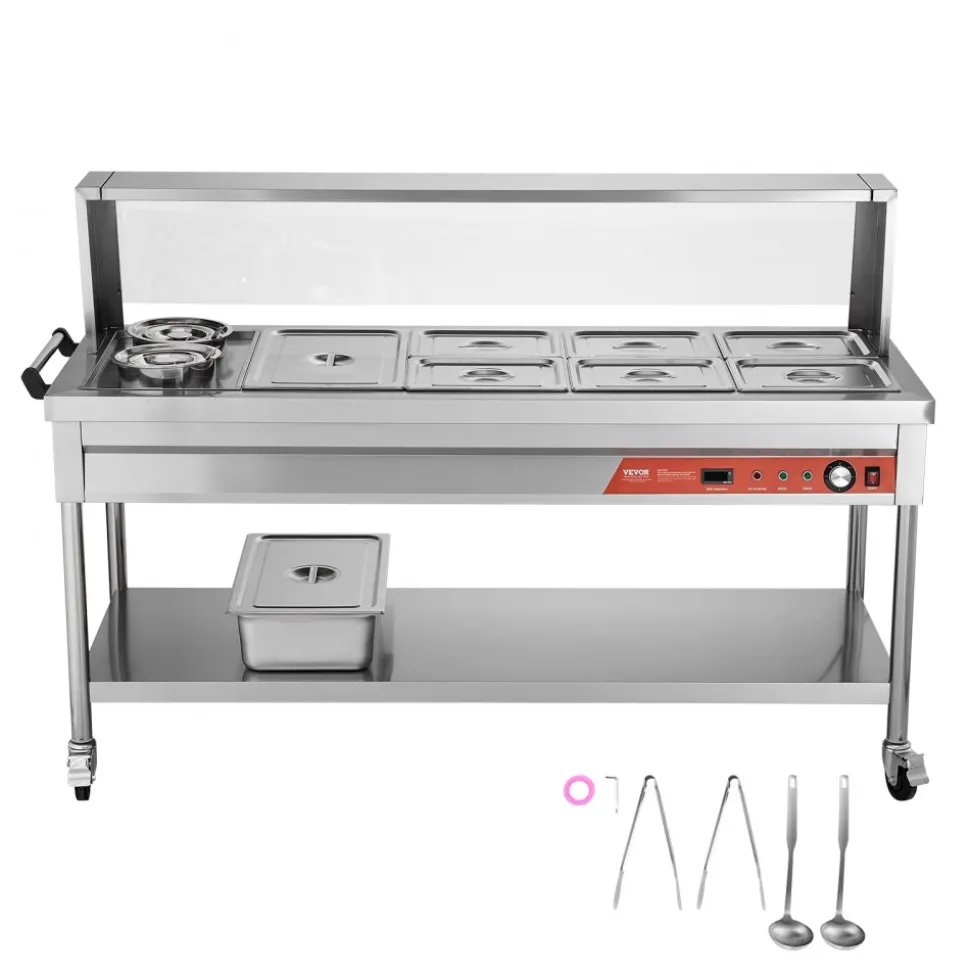 VEVOR Commercial Electric Food Warmer, 7 Pans + 2 Pots Steam Table, 1800W Professional Buffet Catering Food Warmer with Shield Undershelf Wheels, Stainless Steel Server for Party Restaurant