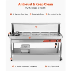 VEVOR Commercial Electric Food Warmer, 7 Pans + 2 Pots Steam Table, 1800W Professional Buffet Catering Food Warmer with Shield Undershelf Wheels, Stainless Steel Server for Party Restaurant