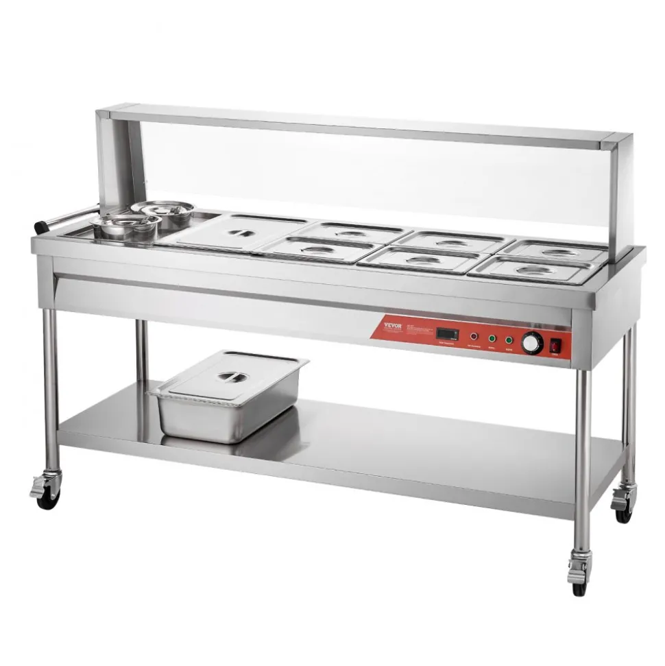 VEVOR Commercial Electric Food Warmer, 7 Pans + 2 Pots Steam Table, 1800W Professional Buffet Catering Food Warmer with Shield Undershelf Wheels, Stainless Steel Server for Party Restaurant