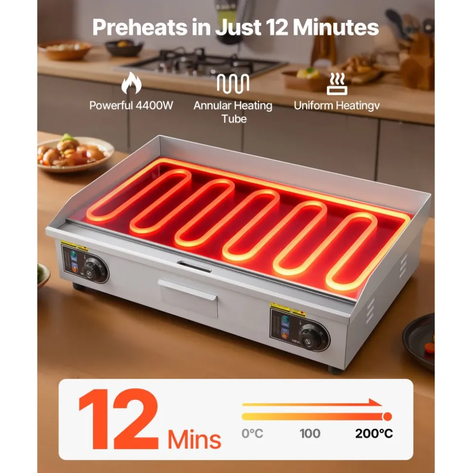VEVOR Commercial Electric Griddle, 28.54 x 15.75 inches, 4400W, 122-570°F Adjustable Temp Control, Stainless Steel Body, Half Grooved Half Flat, with 2 Spatulas, 2 Brushes, and 4 Foot Pads, for Steak (NO PLUG)