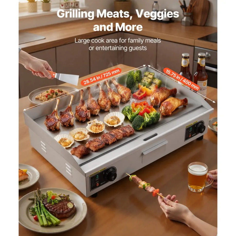 VEVOR Commercial Electric Griddle, 28.54 x 15.75 inches, 4400W, 122-570°F Adjustable Temp Control, Stainless Steel Body, Half Grooved Half Flat, with 2 Spatulas, 2 Brushes, and 4 Foot Pads, for Steak (NO PLUG)