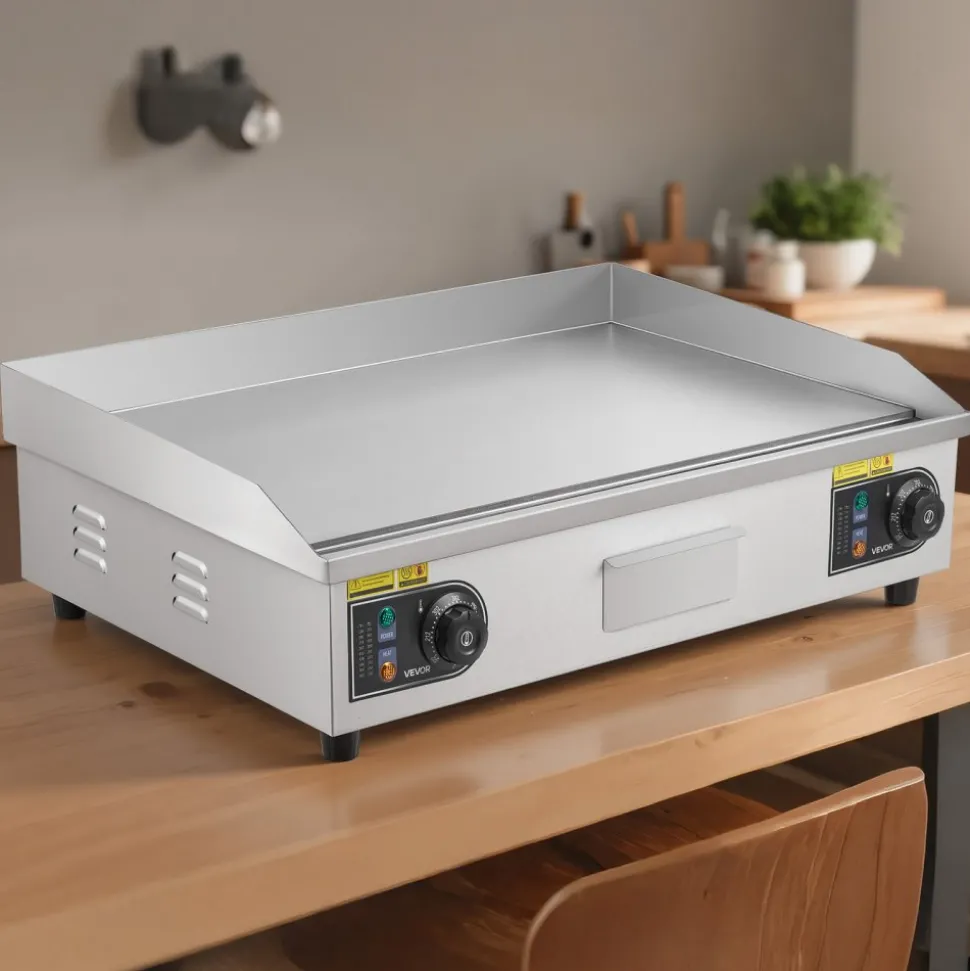 VEVOR Commercial Electric Griddle, 28.54 x 15.75 inches, 4400W, 122-570°F Adjustable Temp Control, Stainless Steel Body, Half Grooved Half Flat, with 2 Spatulas, 2 Brushes, and 4 Foot Pads, for Steak (NO PLUG)