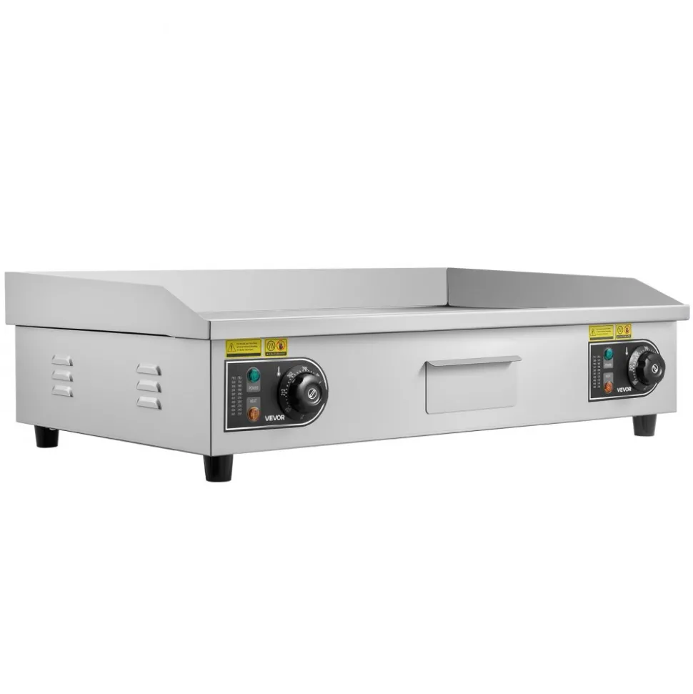 VEVOR Commercial Electric Griddle, 28.54 x 15.75 inches, 4400W, 122-570°F Adjustable Temp Control, Stainless Steel Body, Half Grooved Half Flat, with 2 Spatulas, 2 Brushes, and 4 Foot Pads, for Steak (NO PLUG)