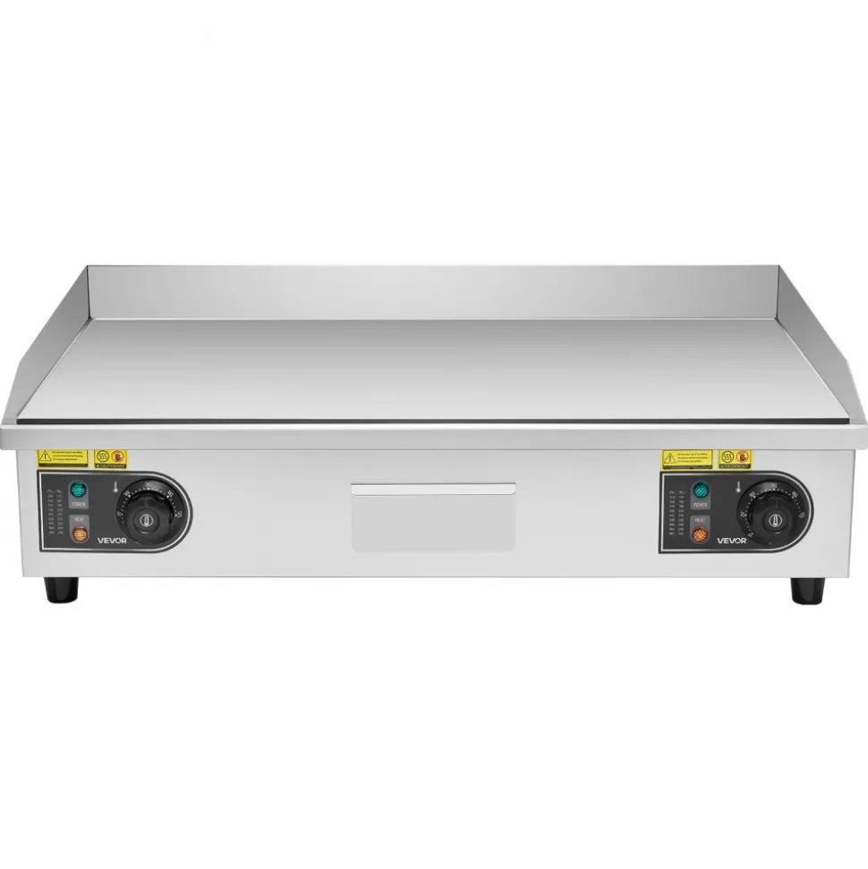 VEVOR Commercial Electric Griddle, 28.54 x 15.75 inches, 4400W, 122-570°F Adjustable Temp Control, Stainless Steel Body, Half Grooved Half Flat, with 2 Spatulas, 2 Brushes, and 4 Foot Pads, for Steak (NO PLUG)