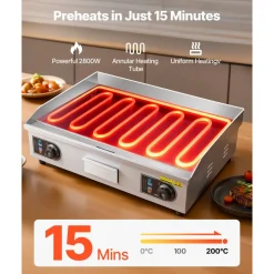 VEVOR Commercial Electric Griddle, 25.79 x 15.75 inch, 2800W, 122-570°F Adjustable Temp Control, Stainless Steel Body, Full Flat, with 2 Spatulas, 2 Brushes, and 4 Foot Pads, for Steak, Pancake (NO PLUG)