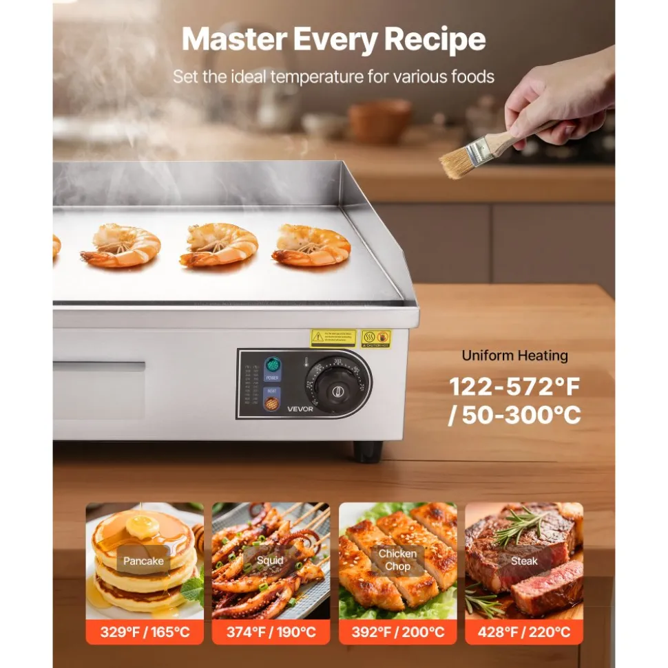 VEVOR Commercial Electric Griddle, 25.79 x 15.75 inch, 2800W, 122-570°F Adjustable Temp Control, Stainless Steel Body, Full Flat, with 2 Spatulas, 2 Brushes, and 4 Foot Pads, for Steak, Pancake (NO PLUG)