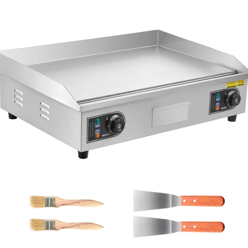 VEVOR Commercial Electric Griddle, 25.79 x 15.75 inch, 2800W, 122-570°F Adjustable Temp Control, Stainless Steel Body, Full Flat, with 2 Spatulas, 2 Brushes, and 4 Foot Pads, for Steak, Pancake (NO PLUG)