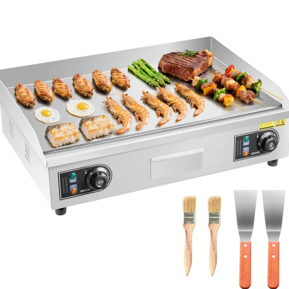 VEVOR Commercial Electric Griddle, 25.79 x 15.75 inch, 2800W, 122-570°F Adjustable Temp Control, Stainless Steel Body, Full Flat, with 2 Spatulas, 2 Brushes, and 4 Foot Pads, for Steak, Pancake (NO PLUG)