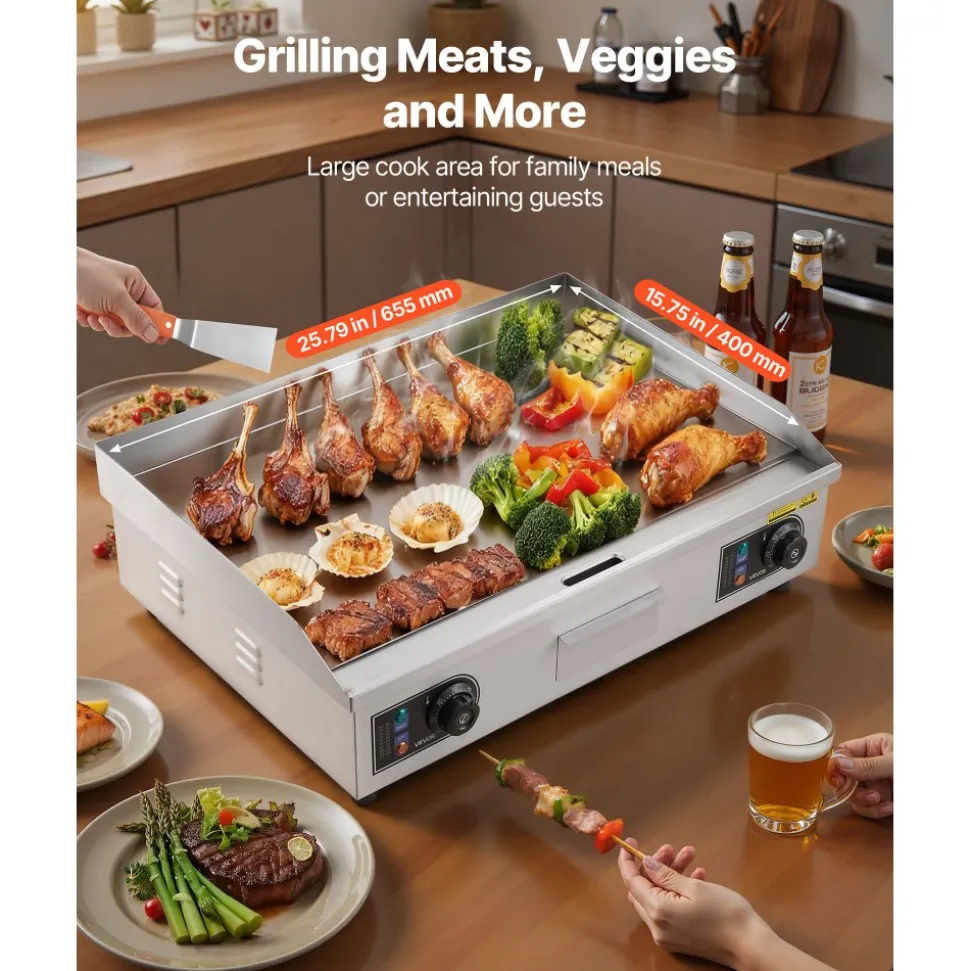 VEVOR Commercial Electric Griddle, 25.79 x 15.75 inch, 2800W, 122-570°F Adjustable Temp Control, Stainless Steel Body, Full Flat, with 2 Spatulas, 2 Brushes, and 4 Foot Pads, for Steak, Pancake (NO PLUG)