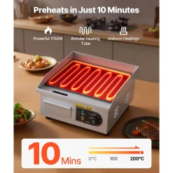VEVOR Commercial Electric Griddle, 13.98 x 11.81 inch, 1750W, 122-570°F Adjustable Temp Control, Stainless Steel Countertop Flat Top Grill with 2 Spatulas and 2 Brushes, for Steak, Pancake, Squid
