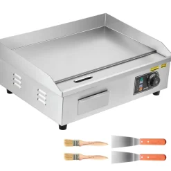 VEVOR Commercial Electric Griddle, 21.06 x 11.81 inch, 3200W, 122-570°F Adjustable Temp Control, Stainless Steel Body, Full Flat, with 2 Spatulas, 2 Brushes, and 4 Foot Pads, for Steak, Pancake