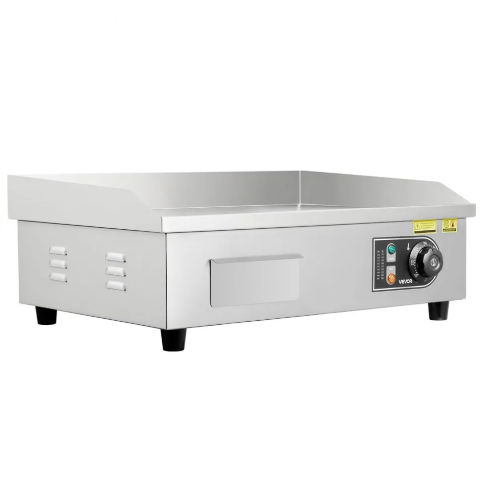 VEVOR Commercial Electric Griddle, 21.06 x 11.81 inch, 3200W, 122-570°F Adjustable Temp Control, Stainless Steel Body, Full Flat, with 2 Spatulas, 2 Brushes, and 4 Foot Pads, for Steak, Pancake