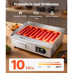 VEVOR Commercial Electric Griddle, 21.06 x 11.81 inch, 3200W, 122-570°F Adjustable Temp Control, Stainless Steel Body, Full Flat, with 2 Spatulas, 2 Brushes, and 4 Foot Pads, for Steak, Pancake