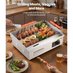 VEVOR Commercial Electric Griddle, 21.06 x 11.81 inch, 3200W, 122-570°F Adjustable Temp Control, Stainless Steel Body, Full Flat, with 2 Spatulas, 2 Brushes, and 4 Foot Pads, for Steak, Pancake