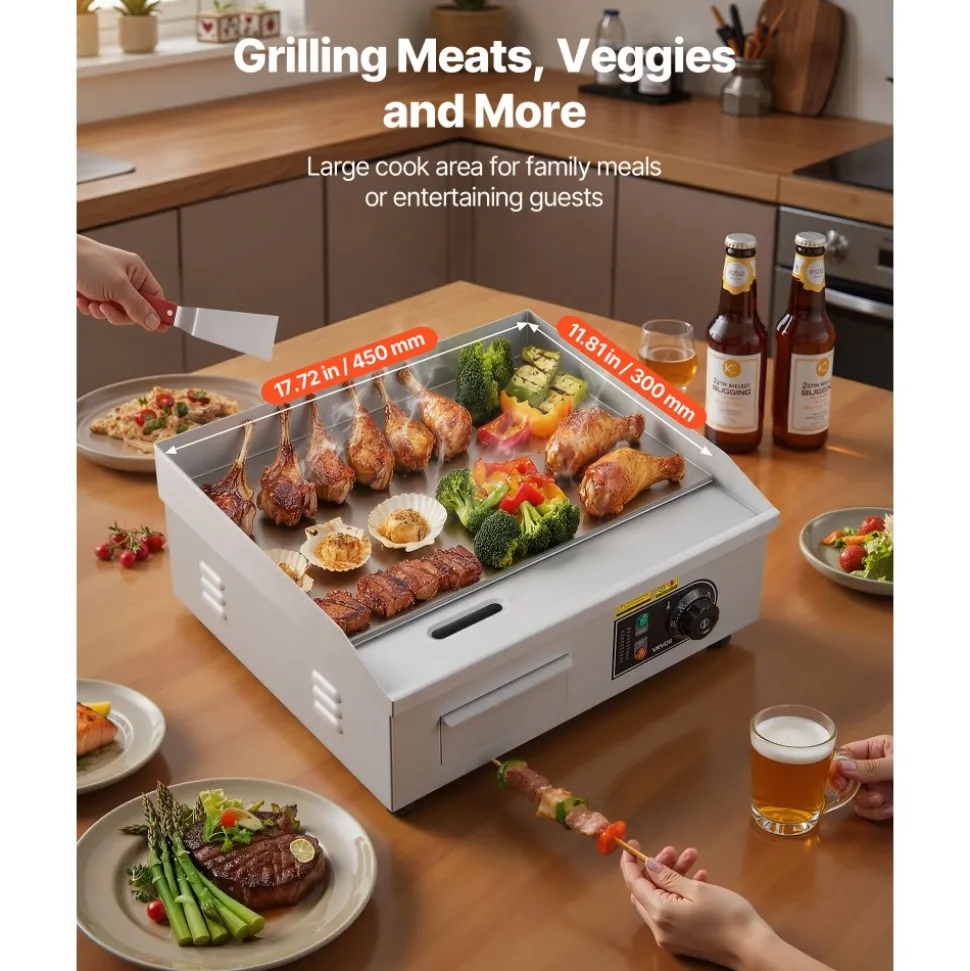 VEVOR Commercial Electric Griddle, 17.72 x 11.81 inch, 1750W, 122-570°F Adjustable Temp Control, Stainless Steel Countertop Flat Top Grill with 2 Spatulas, 2 Brushes, and 4 Foot Pads, for Steak