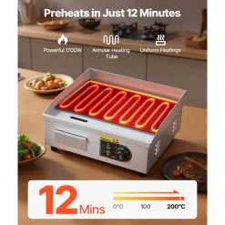 VEVOR Commercial Electric Griddle, 17.72 x 11.81 inch, 1750W, 122-570°F Adjustable Temp Control, Stainless Steel Countertop Flat Top Grill with 2 Spatulas, 2 Brushes, and 4 Foot Pads, for Steak