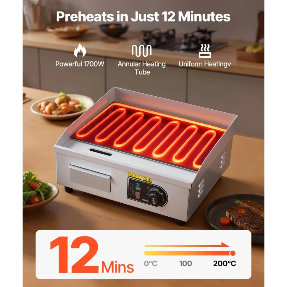 VEVOR Commercial Electric Griddle, 17.72 x 11.81 inch, 1750W, 122-570°F Adjustable Temp Control, Stainless Steel Countertop Flat Top Grill with 2 Spatulas, 2 Brushes, and 4 Foot Pads, for Steak