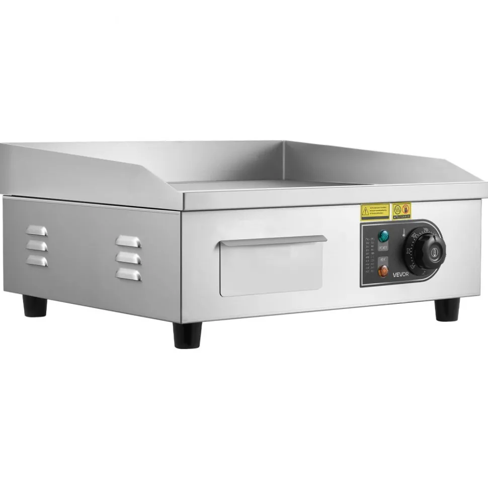 VEVOR Commercial Electric Griddle, 17.72 x 11.81 inch, 1750W, 122-570°F Adjustable Temp Control, Stainless Steel Countertop Flat Top Grill with 2 Spatulas, 2 Brushes, and 4 Foot Pads, for Steak