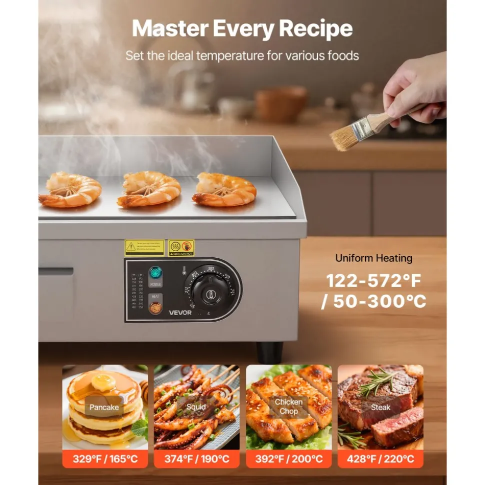 VEVOR Commercial Electric Griddle, 17.72 x 11.81 inch, 1750W, 122-570°F Adjustable Temp Control, Stainless Steel Countertop Flat Top Grill with 2 Spatulas, 2 Brushes, and 4 Foot Pads, for Steak