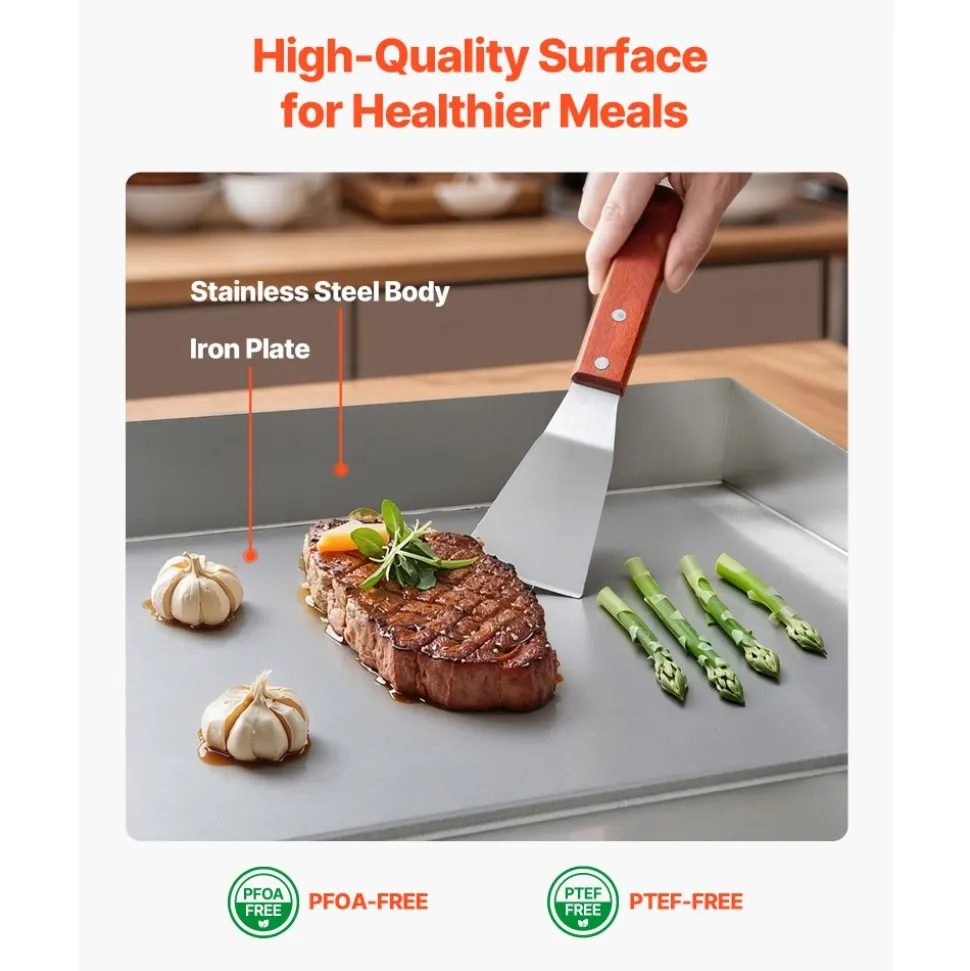 VEVOR Commercial Electric Griddle, 17.72 x 11.81 inch, 1750W, 122-570°F Adjustable Temp Control, Stainless Steel Countertop Flat Top Grill with 2 Spatulas, 2 Brushes, and 4 Foot Pads, for Steak