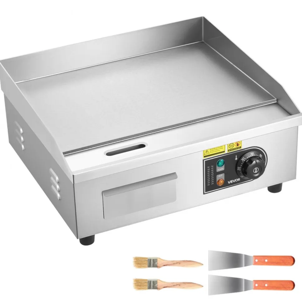 VEVOR Commercial Electric Griddle, 17.72 x 11.81 inch, 1750W, 122-570°F Adjustable Temp Control, Stainless Steel Countertop Flat Top Grill with 2 Spatulas, 2 Brushes, and 4 Foot Pads, for Steak