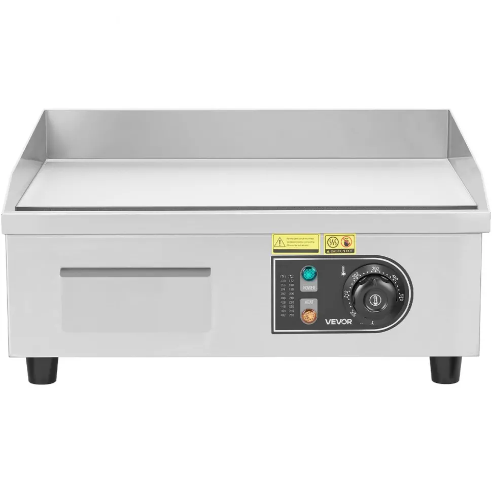 VEVOR Commercial Electric Griddle, 17.72 x 11.81 inch, 1750W, 122-570°F Adjustable Temp Control, Stainless Steel Countertop Flat Top Grill with 2 Spatulas, 2 Brushes, and 4 Foot Pads, for Steak
