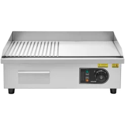 VEVOR Commercial Electric Griddle, 21.06 x 11.81 inch, 1750W, 122-570°F Adjustable Temp Control, Stainless Steel Body, Half Grooved Half Flat, with 2 Spatulas, 2 Brushes, and 4 Foot Pads, for Steak