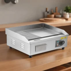 VEVOR Commercial Electric Griddle, 21.06 x 11.81 inch, 1750W, 122-570°F Adjustable Temp Control, Stainless Steel Body, Half Grooved Half Flat, with 2 Spatulas, 2 Brushes, and 4 Foot Pads, for Steak