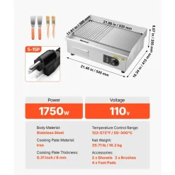VEVOR Commercial Electric Griddle, 21.06 x 11.81 inch, 1750W, 122-570°F Adjustable Temp Control, Stainless Steel Body, Half Grooved Half Flat, with 2 Spatulas, 2 Brushes, and 4 Foot Pads, for Steak
