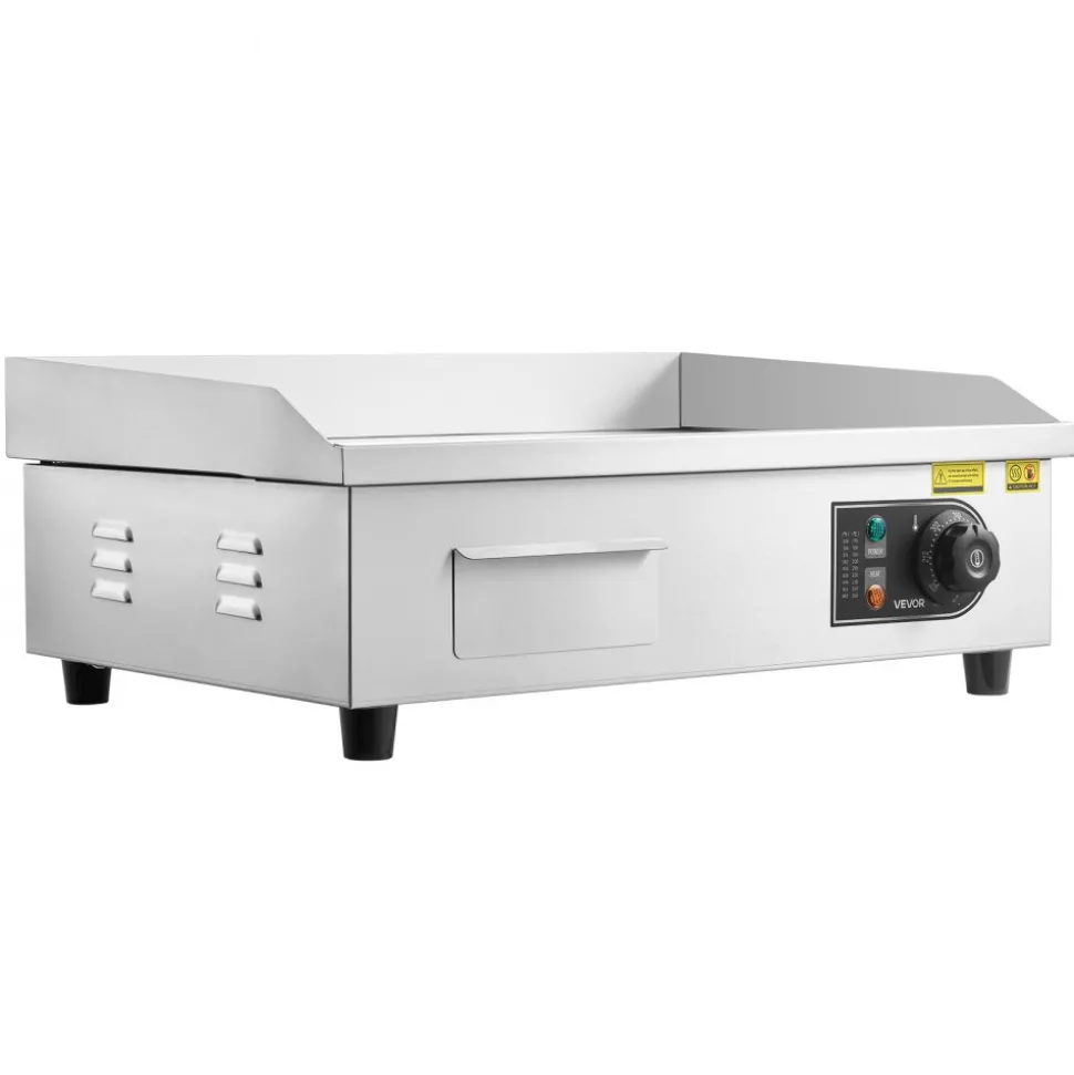 VEVOR Commercial Electric Griddle, 21.06 x 11.81 inch, 1750W, 122-570°F Adjustable Temp Control, Stainless Steel Body, Half Grooved Half Flat, with 2 Spatulas, 2 Brushes, and 4 Foot Pads, for Steak