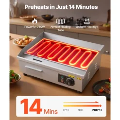VEVOR Commercial Electric Griddle, 21.06 x 11.81 inch, 1750W, 122-570°F Adjustable Temp Control, Stainless Steel Body, Half Grooved Half Flat, with 2 Spatulas, 2 Brushes, and 4 Foot Pads, for Steak