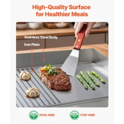 VEVOR Commercial Electric Griddle, 21.06 x 11.81 inch, 1750W, 122-570°F Adjustable Temp Control, Stainless Steel Body, Half Grooved Half Flat, with 2 Spatulas, 2 Brushes, and 4 Foot Pads, for Steak