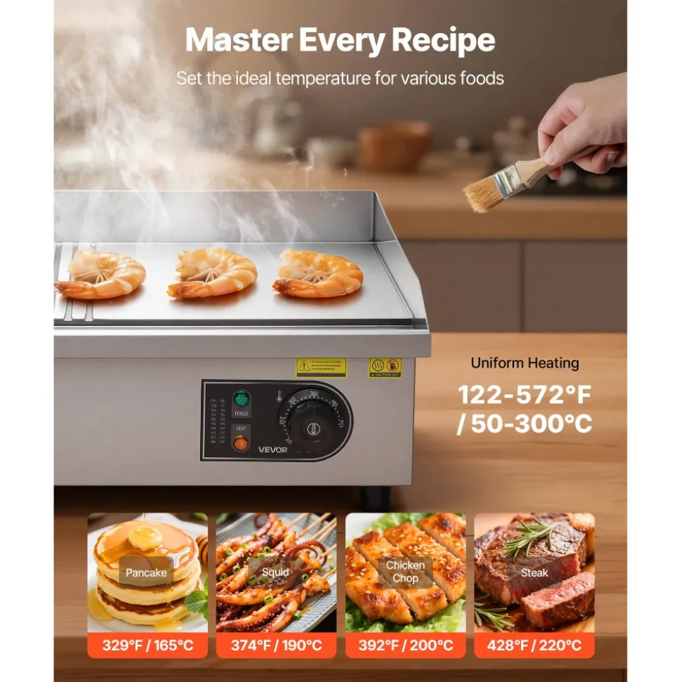 VEVOR Commercial Electric Griddle, 21.06 x 11.81 inch, 1750W, 122-570°F Adjustable Temp Control, Stainless Steel Body, Half Grooved Half Flat, with 2 Spatulas, 2 Brushes, and 4 Foot Pads, for Steak