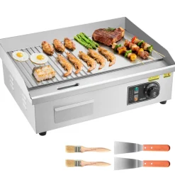 VEVOR Commercial Electric Griddle, 21.06 x 11.81 inch, 1750W, 122-570°F Adjustable Temp Control, Stainless Steel Body, Half Grooved Half Flat, with 2 Spatulas, 2 Brushes, and 4 Foot Pads, for Steak