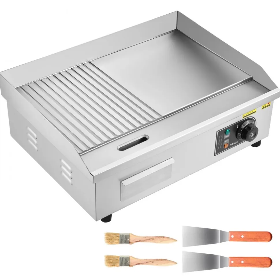 VEVOR Commercial Electric Griddle, 21.06 x 11.81 inch, 1750W, 122-570°F Adjustable Temp Control, Stainless Steel Body, Half Grooved Half Flat, with 2 Spatulas, 2 Brushes, and 4 Foot Pads, for Steak