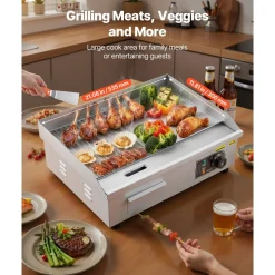 VEVOR Commercial Electric Griddle, 21.06 x 11.81 inch, 1750W, 122-570°F Adjustable Temp Control, Stainless Steel Body, Half Grooved Half Flat, with 2 Spatulas, 2 Brushes, and 4 Foot Pads, for Steak