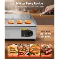 VEVOR Commercial Electric Griddle, 28.54 x 15.75 in, 2800W, 122-570°F Adjustable Temp Control, Stainless Steel, Half Grooved Half Flat, with 2 Spatulas, 2 Brushes, and 4 Foot Pads, for Steak(NO PLUG)
