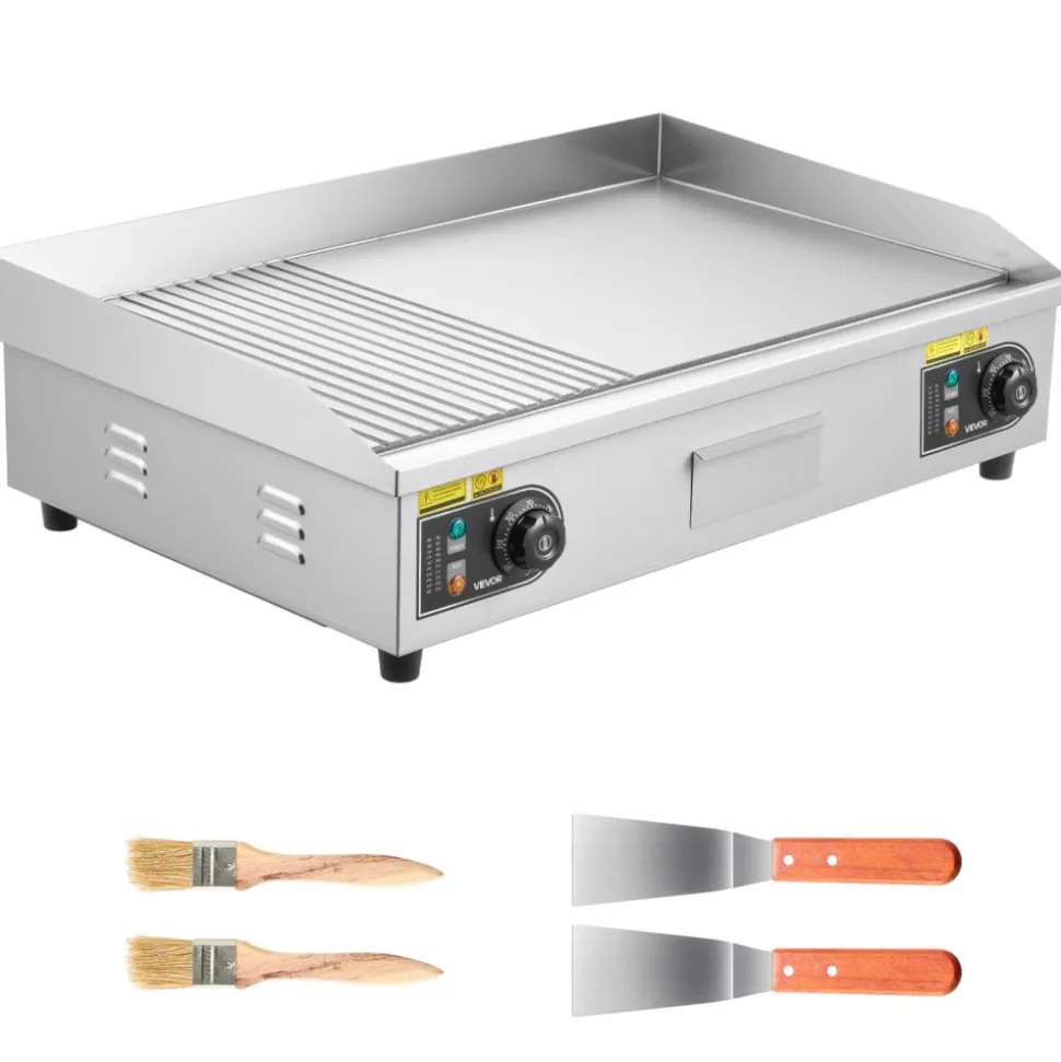 VEVOR Commercial Electric Griddle, 28.54 x 15.75 in, 2800W, 122-570°F Adjustable Temp Control, Stainless Steel, Half Grooved Half Flat, with 2 Spatulas, 2 Brushes, and 4 Foot Pads, for Steak(NO PLUG)