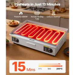 VEVOR Commercial Electric Griddle, 28.54 x 15.75 in, 2800W, 122-570°F Adjustable Temp Control, Stainless Steel, Half Grooved Half Flat, with 2 Spatulas, 2 Brushes, and 4 Foot Pads, for Steak(NO PLUG)