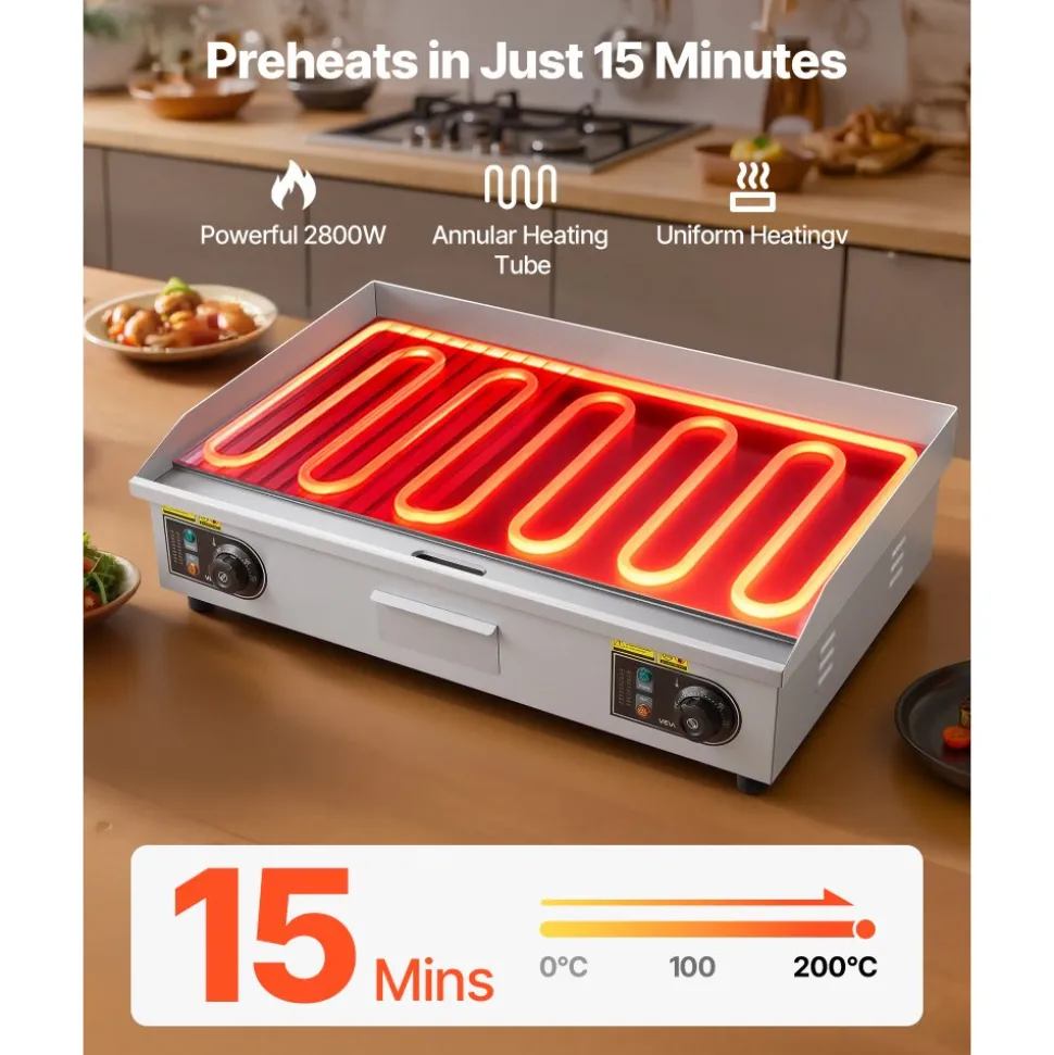 VEVOR Commercial Electric Griddle, 28.54 x 15.75 in, 2800W, 122-570°F Adjustable Temp Control, Stainless Steel, Half Grooved Half Flat, with 2 Spatulas, 2 Brushes, and 4 Foot Pads, for Steak(NO PLUG)