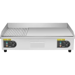 VEVOR Commercial Electric Griddle, 28.54 x 15.75 in, 2800W, 122-570°F Adjustable Temp Control, Stainless Steel, Half Grooved Half Flat, with 2 Spatulas, 2 Brushes, and 4 Foot Pads, for Steak(NO PLUG)