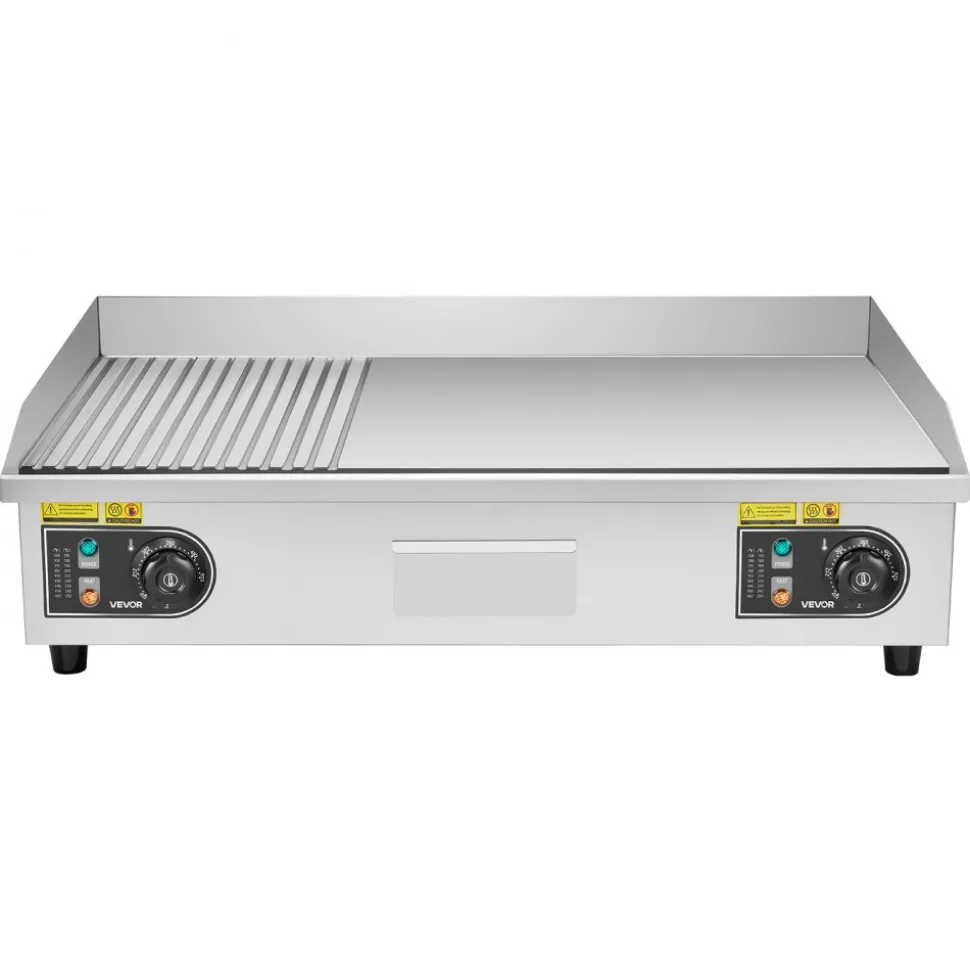 VEVOR Commercial Electric Griddle, 28.54 x 15.75 in, 2800W, 122-570°F Adjustable Temp Control, Stainless Steel, Half Grooved Half Flat, with 2 Spatulas, 2 Brushes, and 4 Foot Pads, for Steak(NO PLUG)