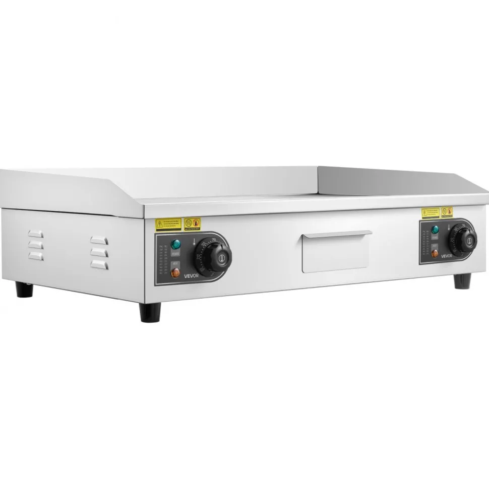 VEVOR Commercial Electric Griddle, 28.54 x 15.75 in, 2800W, 122-570°F Adjustable Temp Control, Stainless Steel, Half Grooved Half Flat, with 2 Spatulas, 2 Brushes, and 4 Foot Pads, for Steak(NO PLUG)