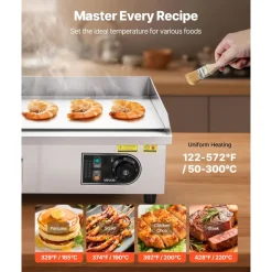 VEVOR Commercial Electric Griddle, 1750W, 122-570°F Adjustable Temp Control, Stainless Steel Countertop Flat Top Grill with 2 Spatulas, 2 Brushes and 4 Foot Pads, for Steak, Pancake