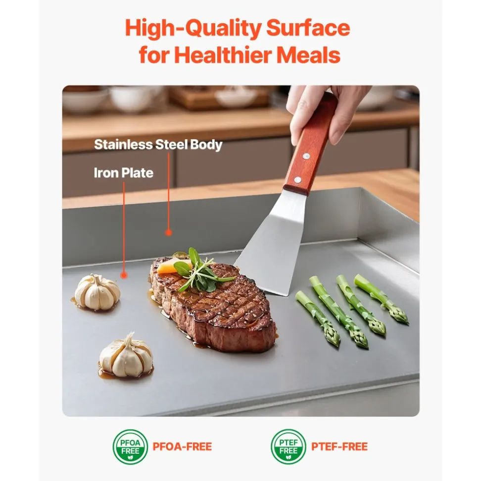 VEVOR Commercial Electric Griddle, 1750W, 122-570°F Adjustable Temp Control, Stainless Steel Countertop Flat Top Grill with 2 Spatulas, 2 Brushes and 4 Foot Pads, for Steak, Pancake