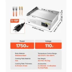 VEVOR Commercial Electric Griddle, 1750W, 122-570°F Adjustable Temp Control, Stainless Steel Countertop Flat Top Grill with 2 Spatulas, 2 Brushes and 4 Foot Pads, for Steak, Pancake