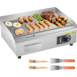 VEVOR Commercial Electric Griddle, 1750W, 122-570°F Adjustable Temp Control, Stainless Steel Countertop Flat Top Grill with 2 Spatulas, 2 Brushes and 4 Foot Pads, for Steak, Pancake