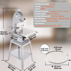 VEVOR Commercial Electric Meat Bandsaw, 1500W Stainless Steel Vertical Bone Sawing Machine, Workbeach 19.3
